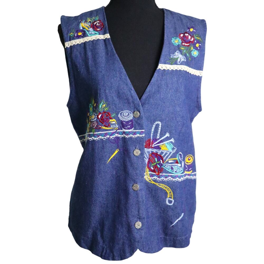 Vintage 90s Embroidered Denim Vest Sewing Crafts Gardening Crochet Floral Lace S